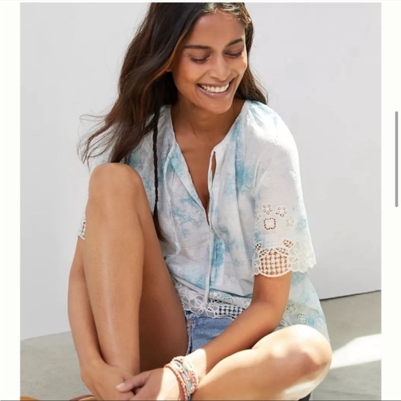 Anthropologie Lace Trimmed Tie Dye and Embroidered Cotton Tie Neck Top - Picture 2 of 15